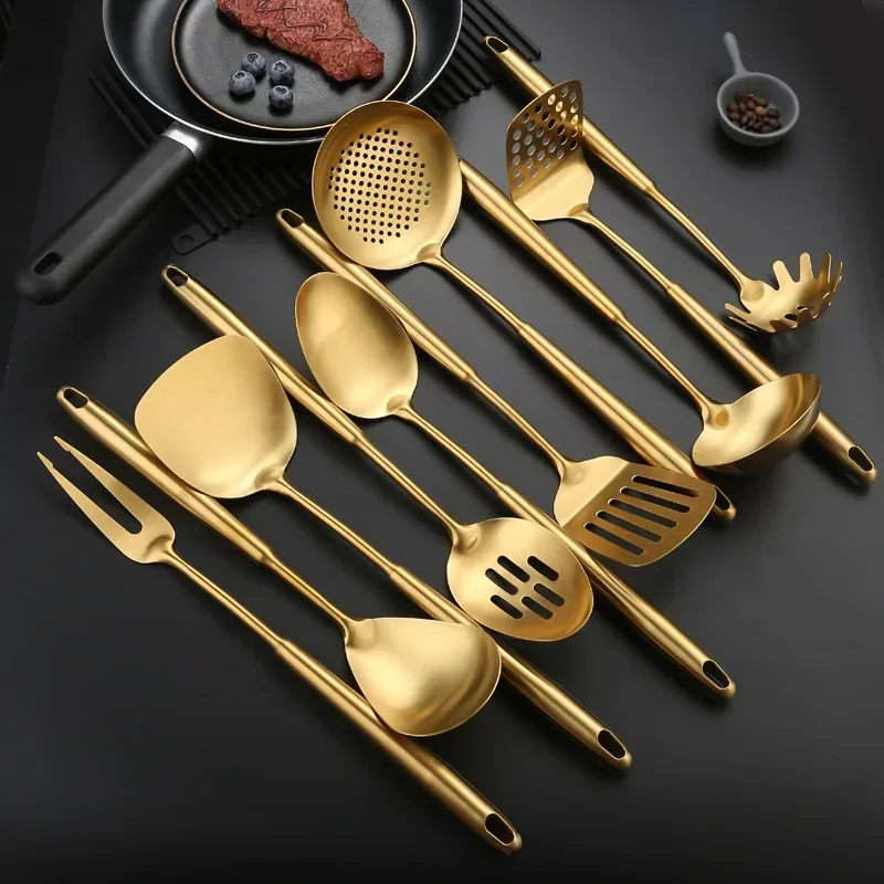 1PC Stainless Steel Kitchen Cookware Gold Cooking Utensils Soup Spoon Eggbeater Food Clip Rice Colander Skimmer Cooking Utensils