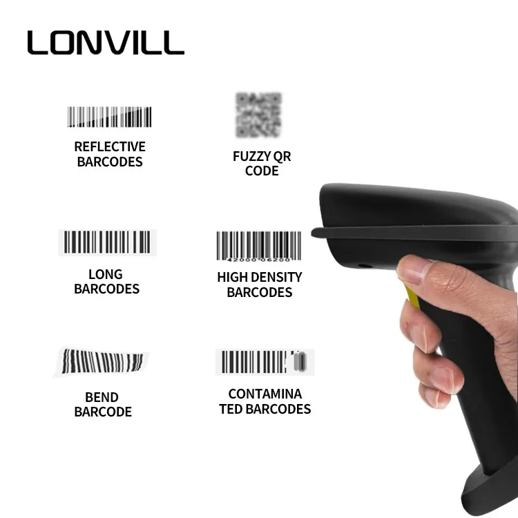 Atacado 2.4G Scanner de código de barras portátil BT Qr Leitor de código Scanner de código de barras 2d sem fio com suporte