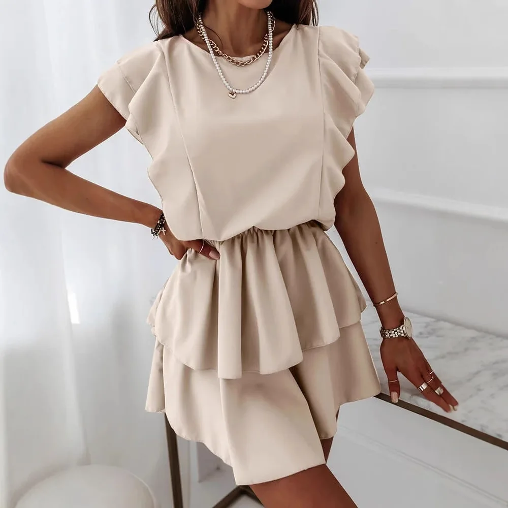 Vestido elegante solto de manga curta com babados e camada dupla com temperamento de cor sólida e cintura cinching vestido de manga curta