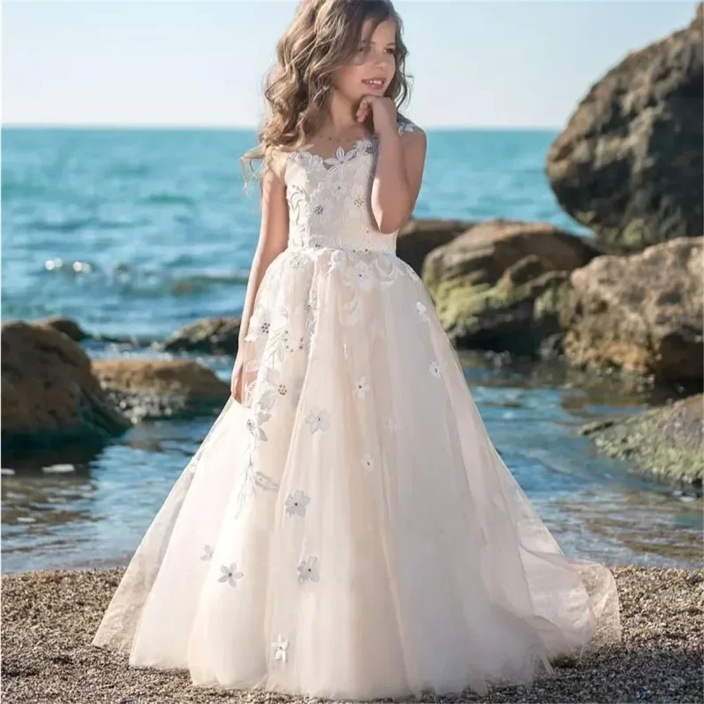 Elegant Flower Girl Dress Sleeveless Tulle Lace Printing Ball Beauty Pageant First Communion Kids Birthday Customised Gowns