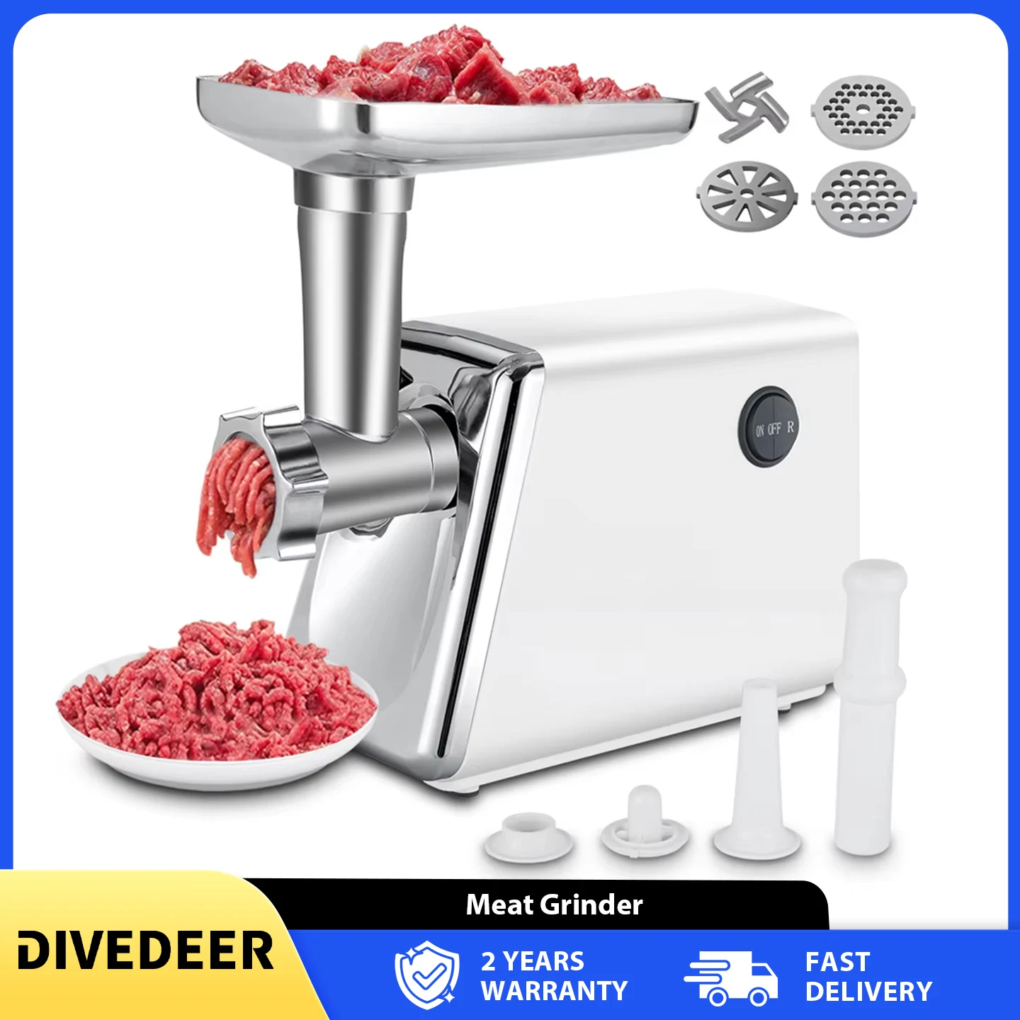 Picadora de Carne Eléctrica de Acero Inoxidable DIVEDEER, Picadora de Carne Multifuncional para el Hogar, Procesador de Alimentos, Embutidora de Salchichas