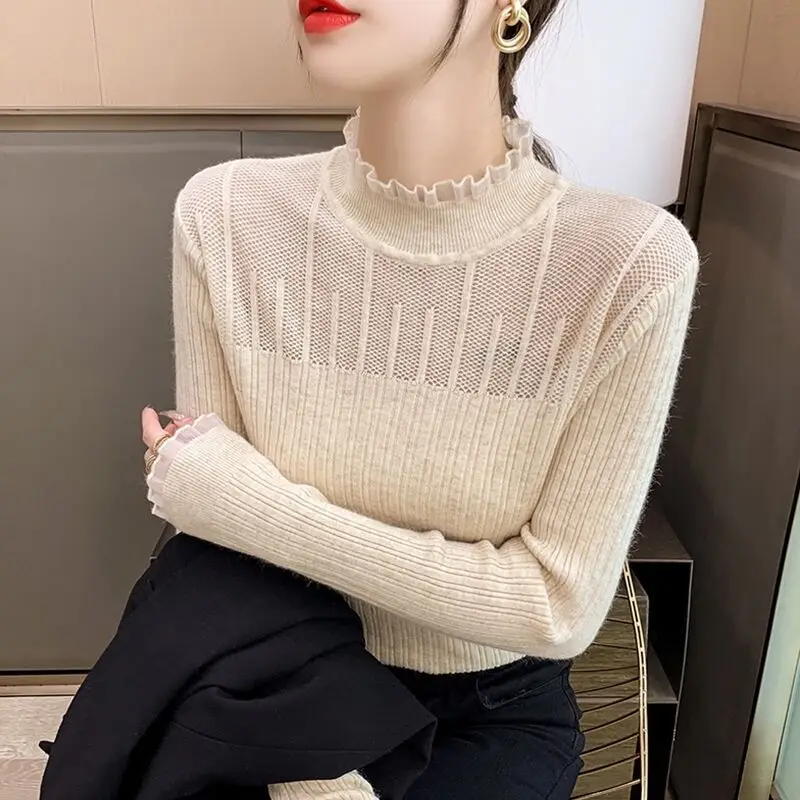 

Women Autumn Fashion Patchwork Lace Slim Solid Color Mock Neck Long Sleeve Knitwear Ladies All-match Knitting Bottoming Shirt