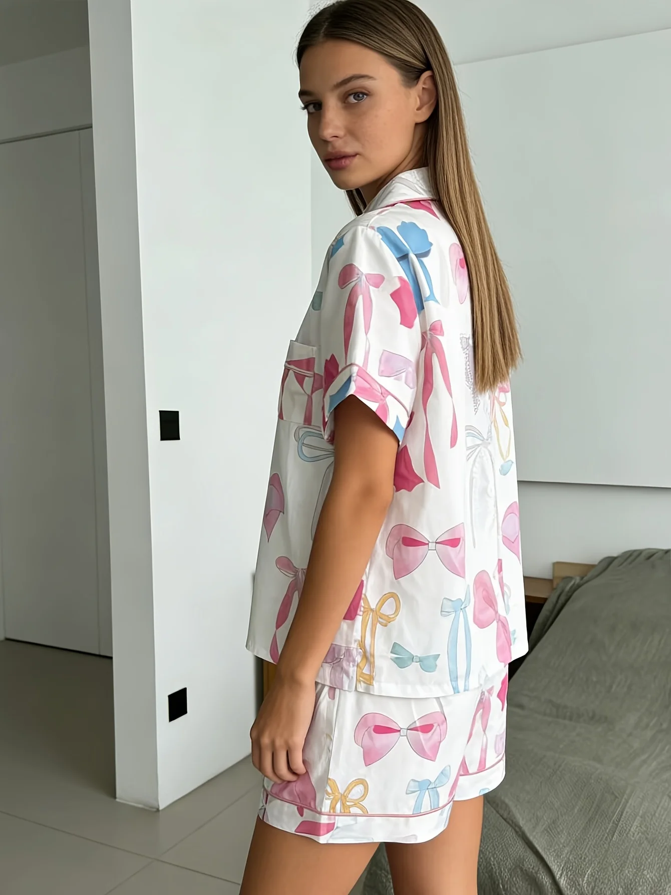 2-Piece Set with Colorful Bow Print Short-Sleeve Shorts, Sweet and Colorful Bow All-Over Print Design, Button-Down Cardigan with Contrasting Trim, Cozy and Comfortable Loungewear Set