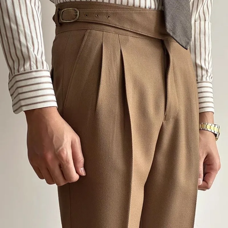 Autumn High Waist Suit Trousers for Men Business Casual Gentleman Straight Brown Pants Retro Drape Office Dress Pants Men