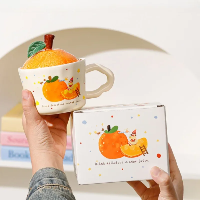 

Orange Mug,Office Birthday Gift,Ceramic Cup,Coffee Cup with Lid,Souvenir,Cute Cup,Household Drinking Water Drinkware Gift Box