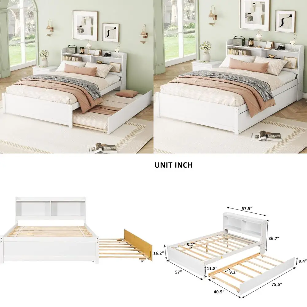 

Полноразмерная кровать-платформа с выдвижным спальным местом и книжным шкафом, белая, подходит для детей и подростков