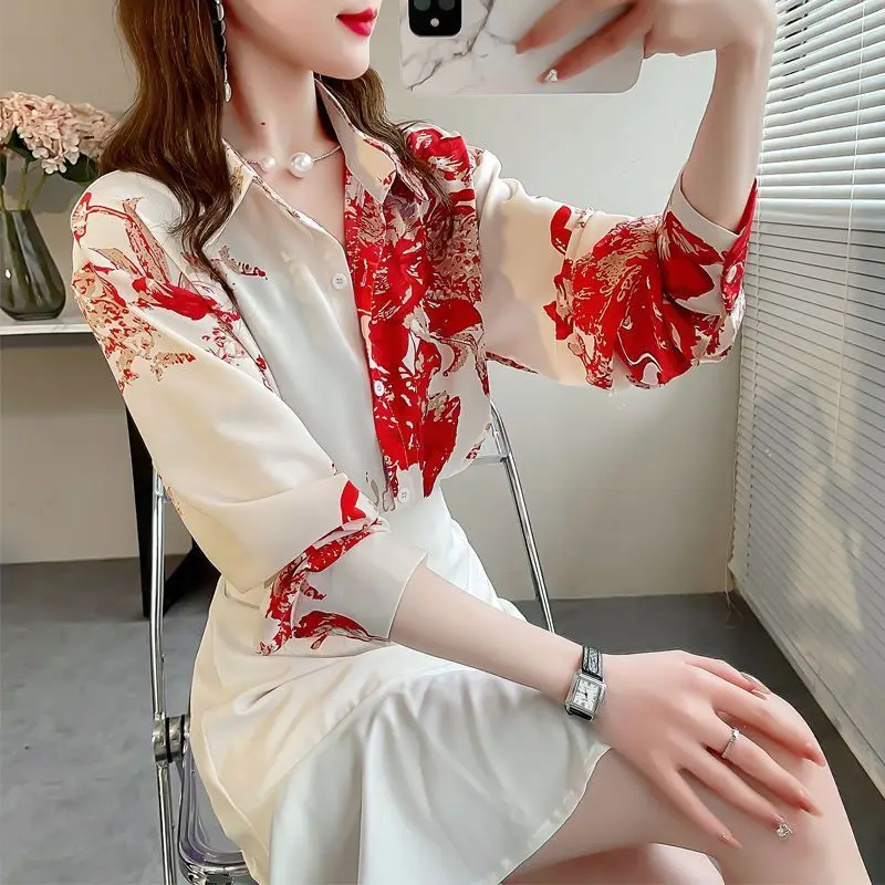 Spring Autumn New Women\'s Turn-down Collar Button Fashion Loose Versatile Long Sleeve Medium Length Sweet Printed Shirt Tops