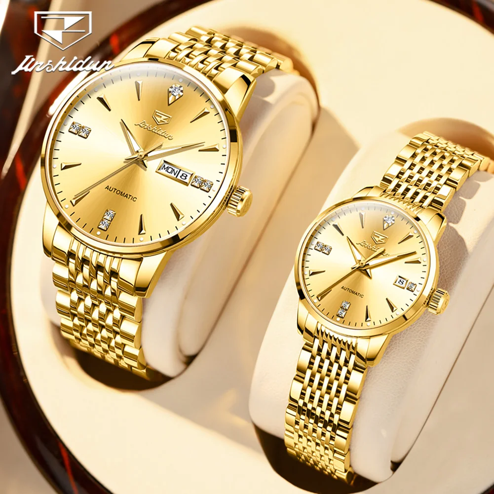JSDUN 8943 Couple Watch Luxury Stainless Steel Original Mechanical Hand Clock Calendar Waterproof Luminous Watch For Men Women