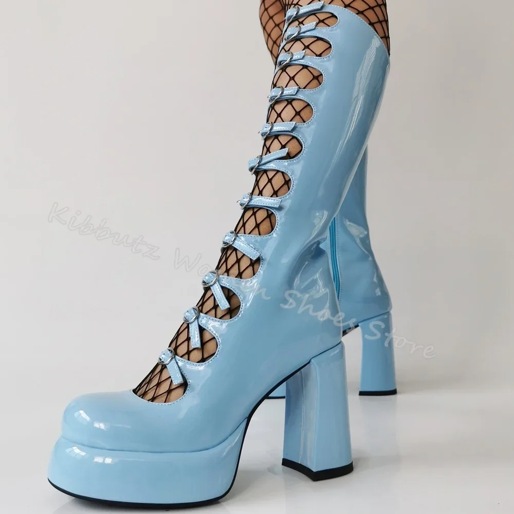 

Hollow Motorcycle Boots Knee High Belt Buckle Platform Round Toe Chunky Heel Luxury Leather Solid Color Side Zipper Women Shoes