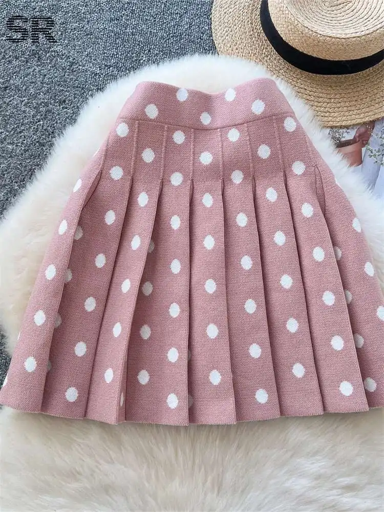 BabYoung Autumn Pleated Mini Skirt Women Elastic Waist 2024 High Quality Ladies Basics Polka Dot College Style Knitted Skirts