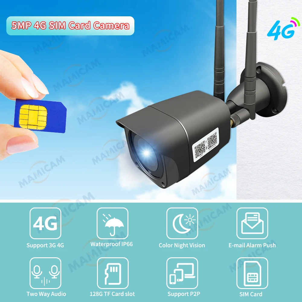 5MP Surveillance Camera WIFI 3G 4G SIM GSM Security Protection Outdoor Video Record CCTV Onvif IR Vision IP66 Waterproof Camhi