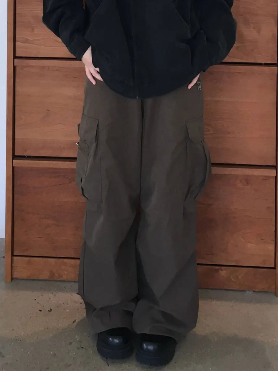 

Slim Fit High Waist Wide Leg Workwear Trousers Multiple Pockets Casual Pants Long Length Fashionable Japanese Style One Bowl