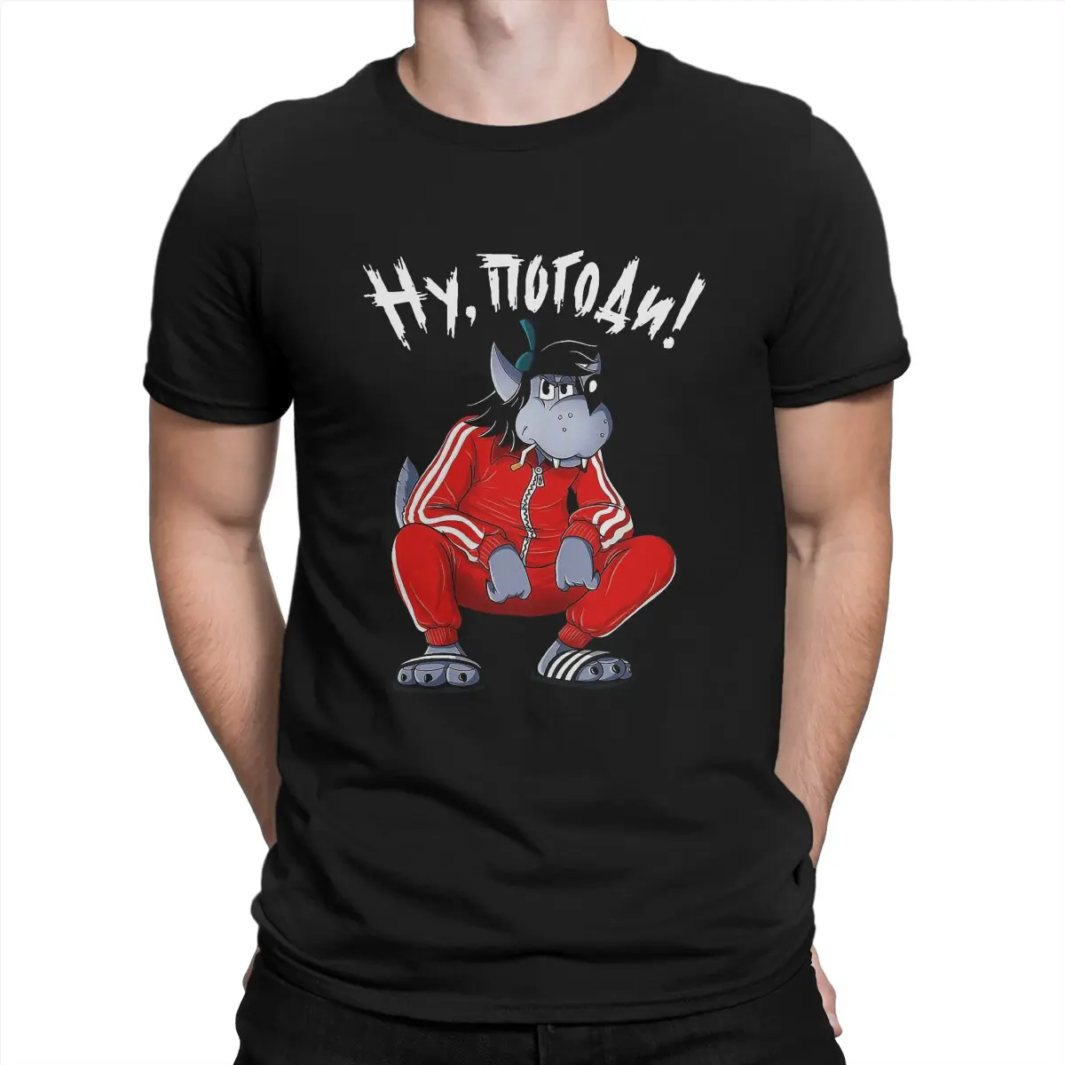 Tracksuit Squat Wolf White T Shirt Men Cotton Leisure T-Shirt Crewneck Nu Pogodi Well Just You Wait Wolf Hare Cartoon Tee Shirt