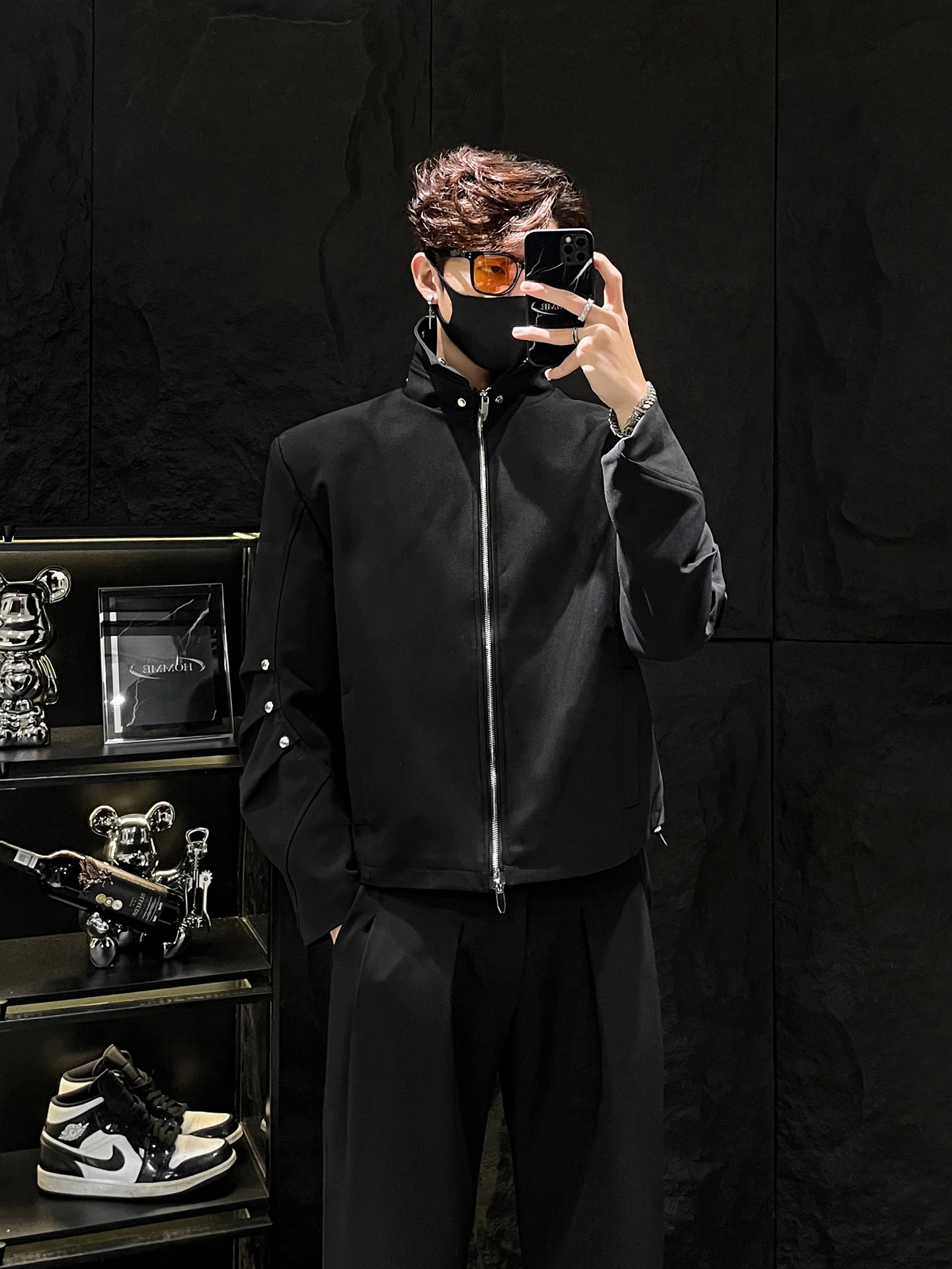 

HOMME Men's Zipper Jaet Autumn New Sle Knife Sve Pleated Design Rivet Jaet Trendy Loose Fit Korean Sle Youth