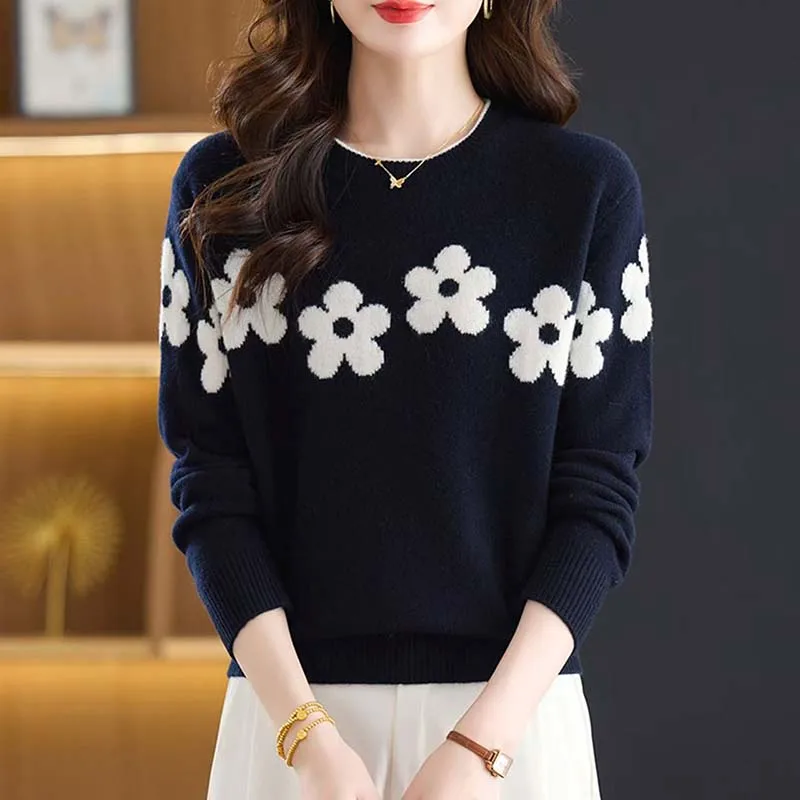 Women's Round Neck Long Sleeve Imitate Cashmere Sweater 2026 Comfortable Loose Fit Outerwear Knitwear Elegant Commute Woolen