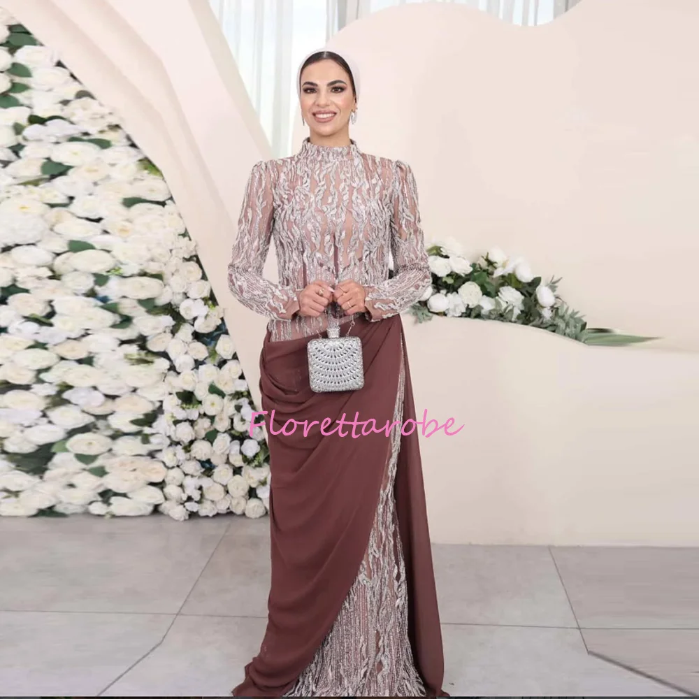 

Customized Modest Dropped High Neck Evening Dress Illusion Luxury Beads Sequins vestidos Mermaid Draped Chiffon Dresses