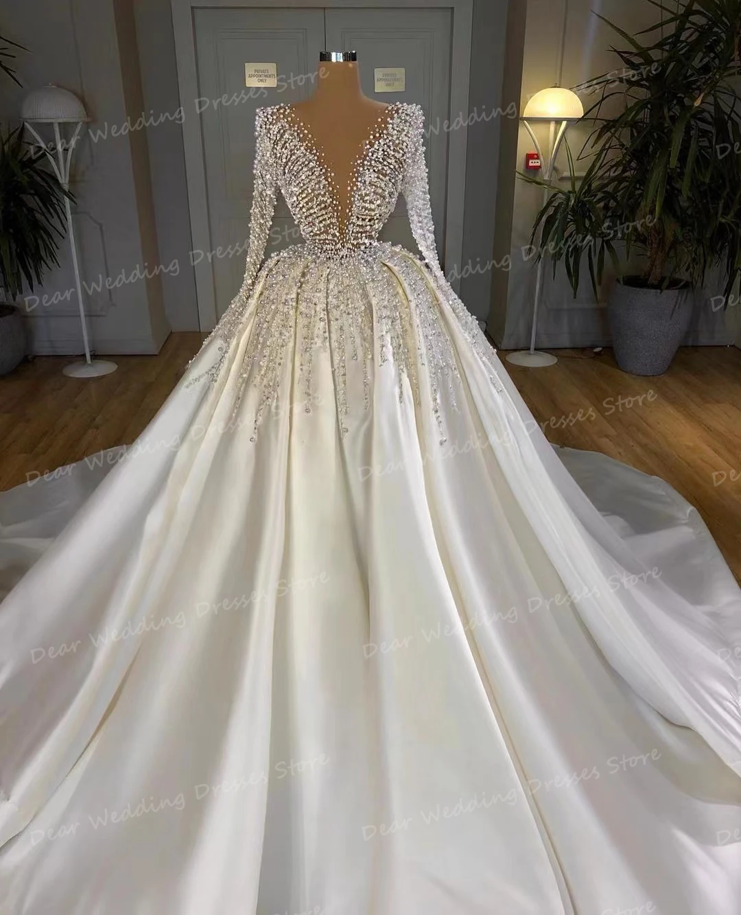 Exquisite A Line 2024 Wedding Dresses Women's Sexy V Neck Beading Pleat Satin For Bridal Ball Gowns Long Sleeve Formal Vestidos