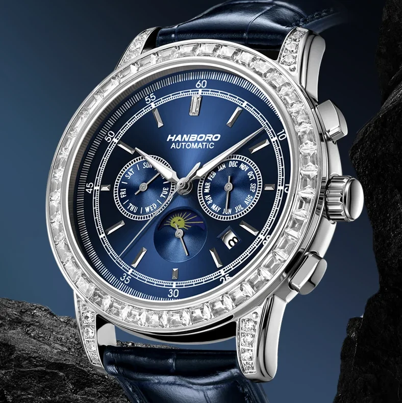 HANBORO Men Automatic Watch 43.5mm Mechanical Wristwatch Waterproof Multi-Dial Month Week Date Crystal Bezel 3 Windows