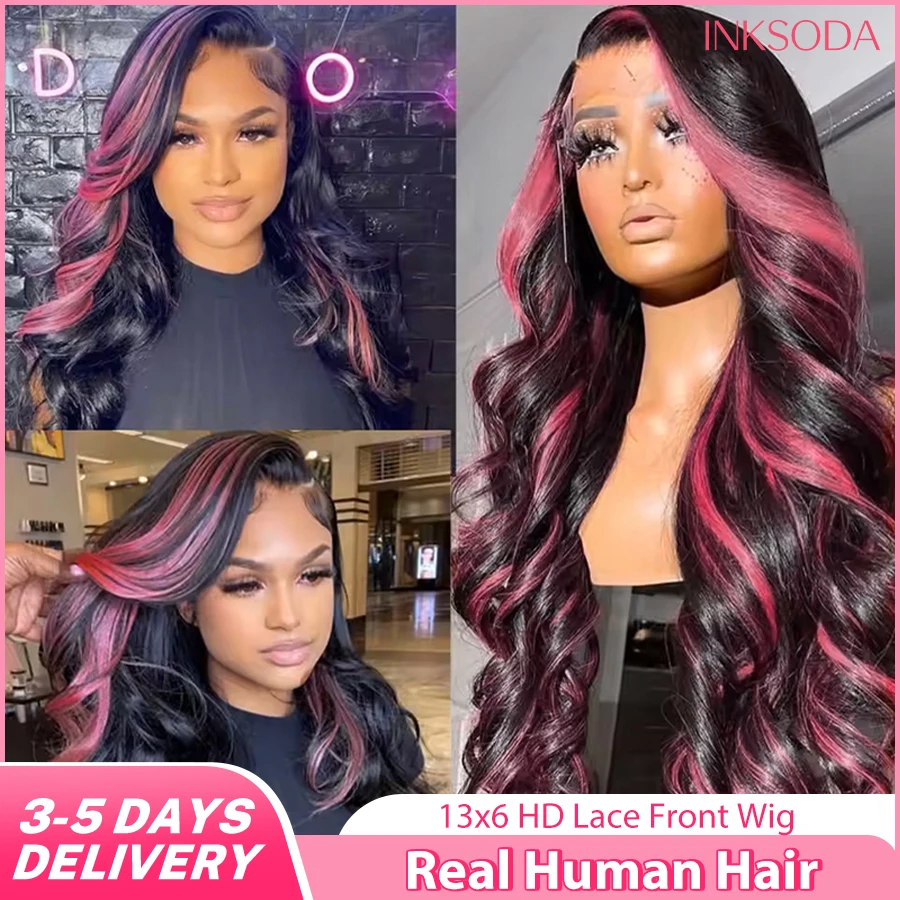 

30Inch P1B/Rose Red 13x6 HD Transparent Lace Front Wig 220% Density Body Wave Highlight Wig Human Hair Rose Red Colored Wigs