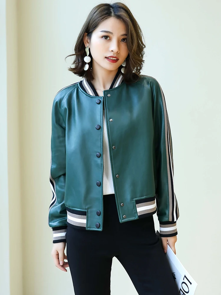 Veste de baseball en cuir véritable pour femme, 2023 peau de mouton, manteau femme, printemps, automne, nouveau, 100%