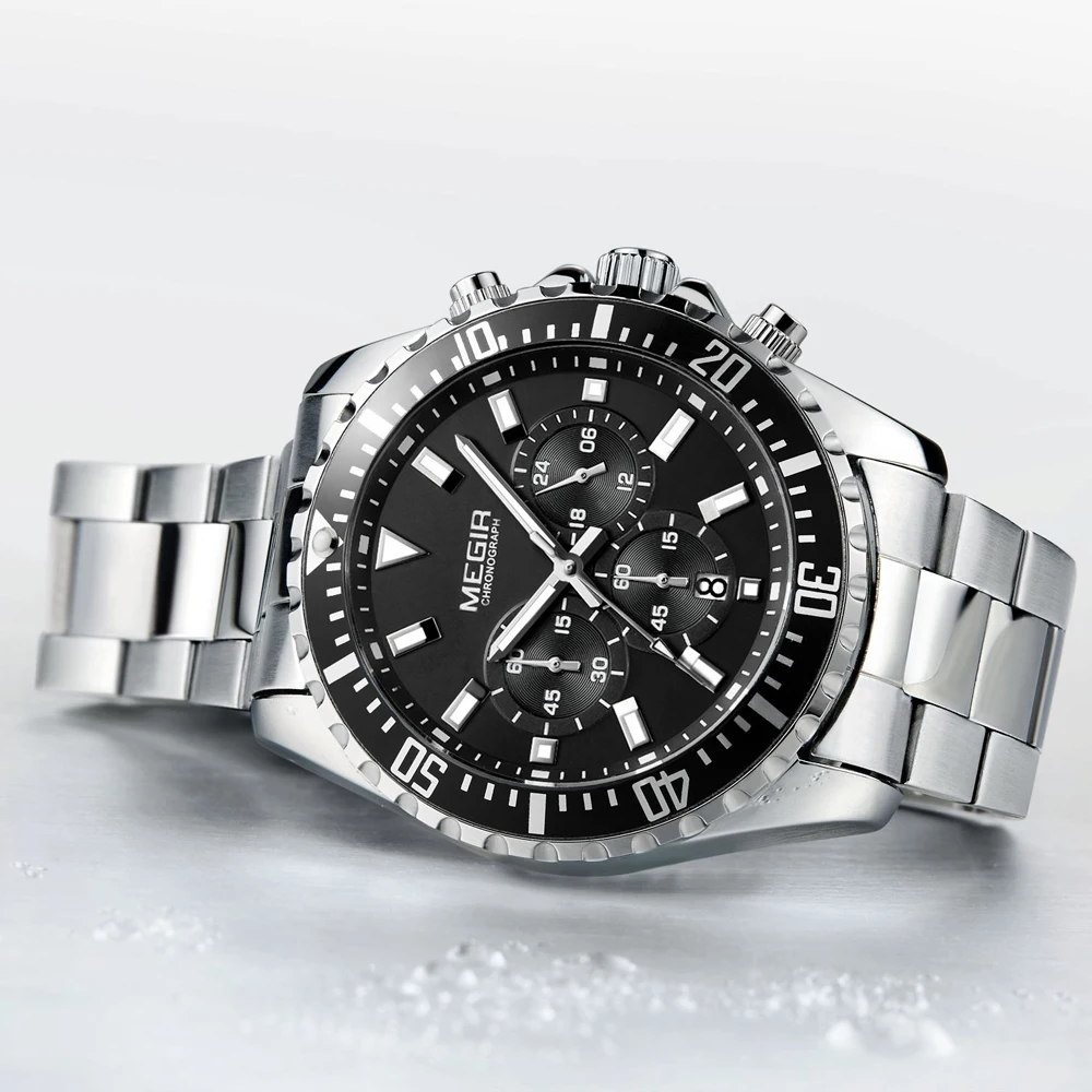 MEGIR Men's Stainless Steel Waterproof Luminous Wristwatch Chronograph Sport Quartz Analogue white Three-eyes Watches for Mens