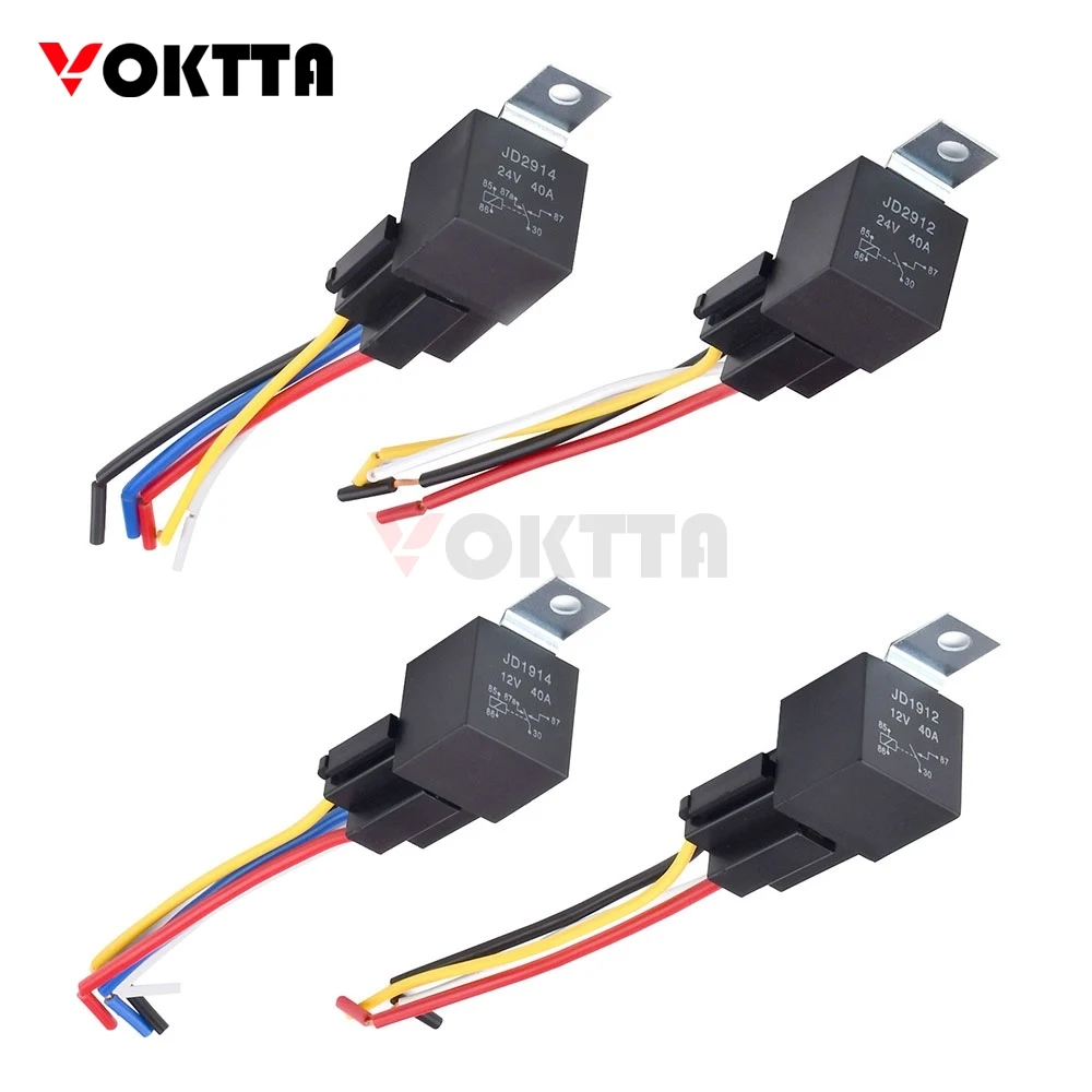 JD1912 Automotive Relay Wiring Harness 24V 40A 4/5 Pin SPST Wiring Harness Socket Color Label Wires for Car Truck Van Motorcycle