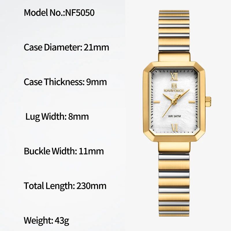 NAVIFORCE Fashion Wild Women's Watch Quartz Stainless Steel Band Wristwatches Ladies Elegant Waterproof Square Clock Reloj Mujer