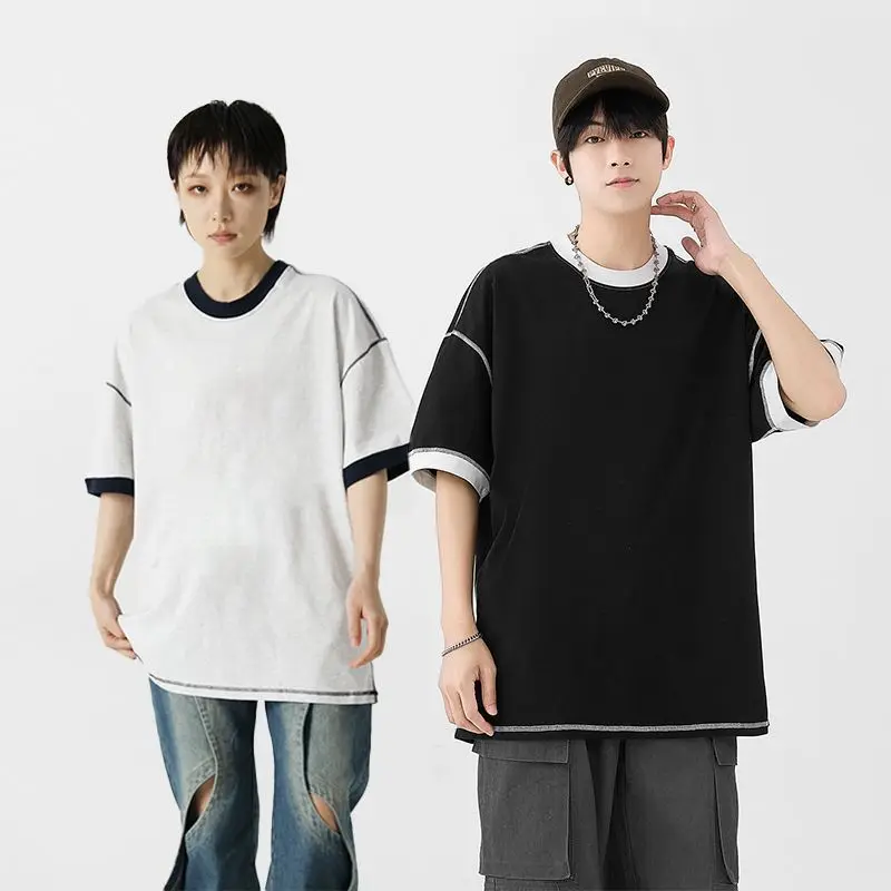 

Футболка унисекс больших размеров (до 300 фунтов), в полоску, с цветными блоками, летняя, для пар, из хлопка, с круглым вырезом