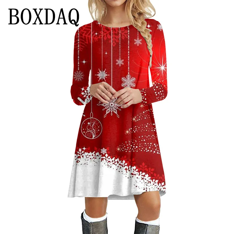 Autumn Winter Women Dresses Christmas Snowflake Print Dress Casual Party Clothing Long Sleeve Women's Loose Black Red Mini Dress