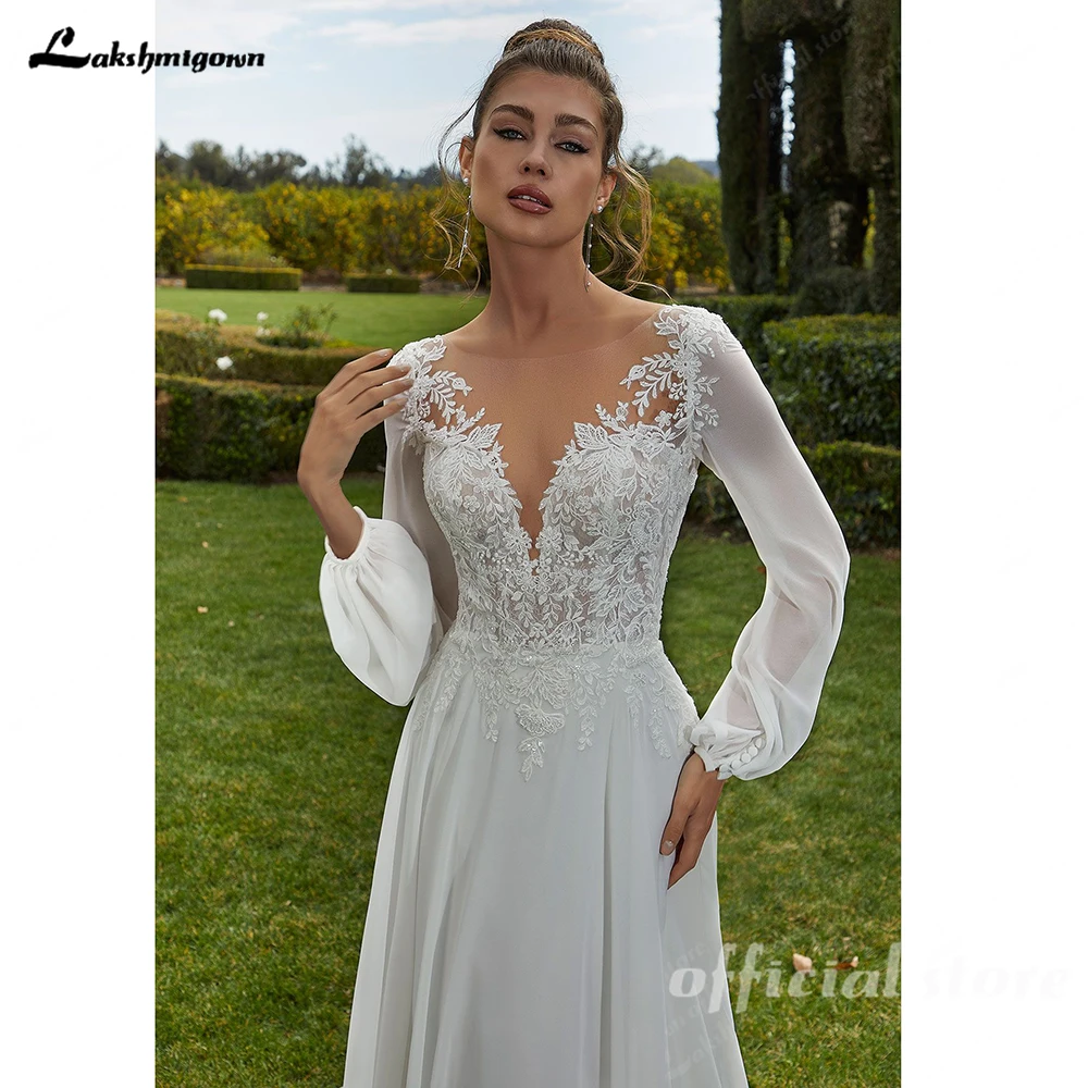 Lakshmigown Chiffon-Hochzeitskleider für die Braut, V-Ausschnitt, Plissee-Spitzenapplikationen, lange Ärmel, rückenfreies Robe De Soiree De Mariage – Detail 8