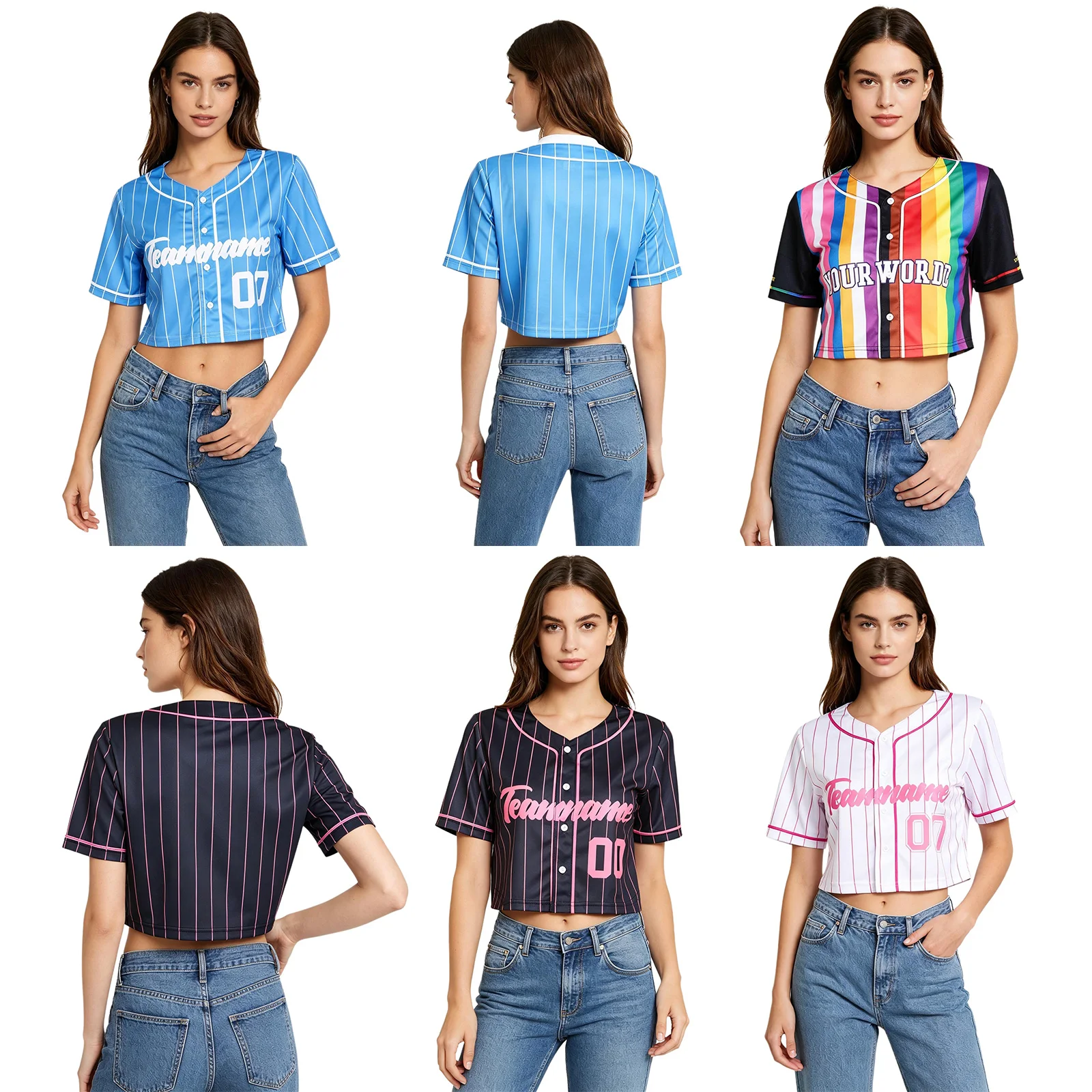 Women American-style Hip Hop Jazz Street Dance Crop Tops Short Sleeve Button Baseball T-shirt Streetwear Cheerleading Uniform