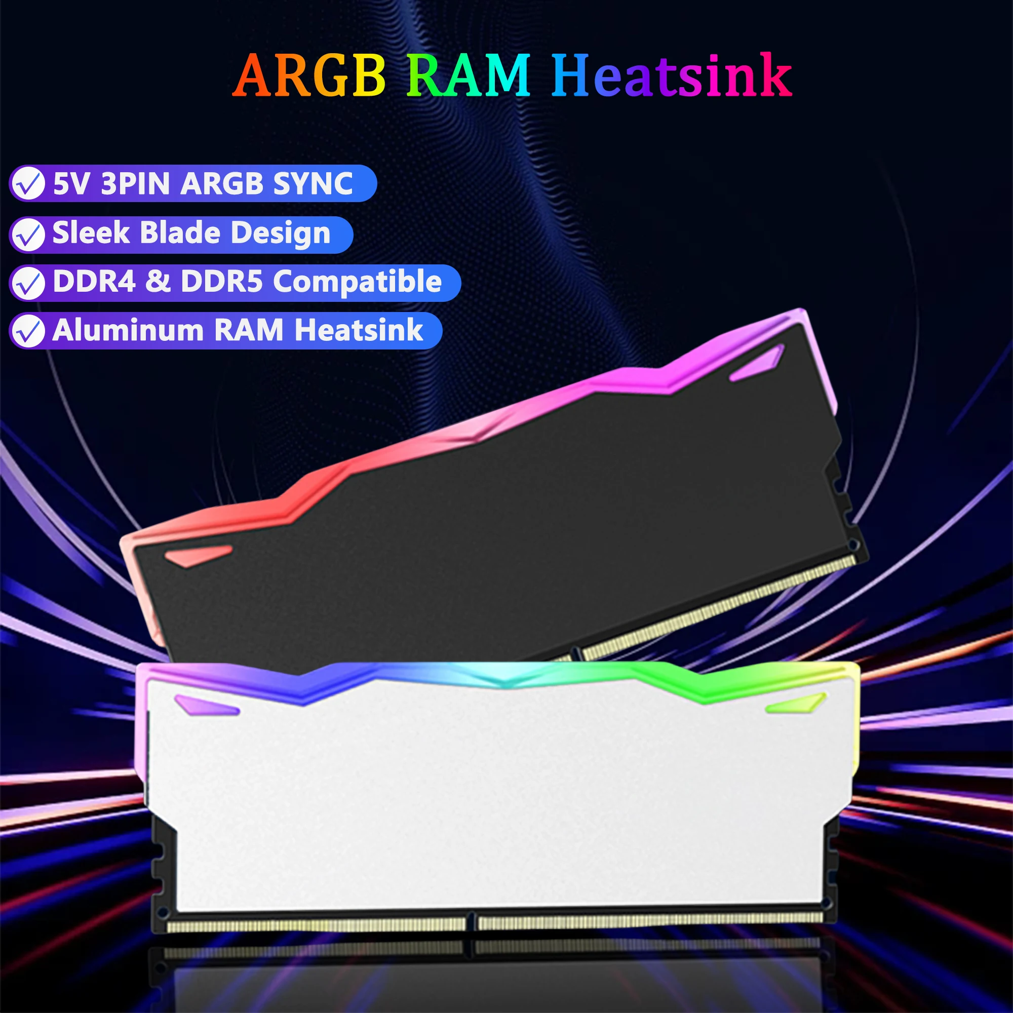 ARGB Aluminum Memory Cooler, Light-Synchronized Illuminated Casing, 5V 3-Pin Interface, DDR4/DDR5 Wide and Narrow Memory Coolers