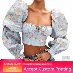 2022 Fashion Women's Blouse Spring Summer French New White Romantic Floral Puff Sleeve Crop Top Women