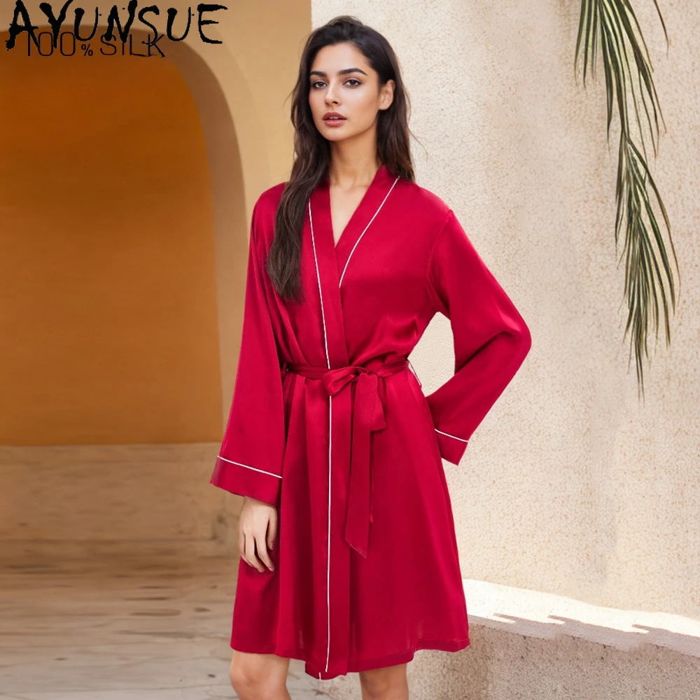 AYUNSUE 100% Real Mulberry Silk Robes for Women Elegant Spring Summer Rabes Women's Home Clothes 16MM Silk Red Wedding Dress