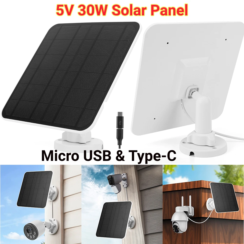 

5V 30W Solar Panel Micro USB & Type C Port 9.8 Ft Charging Cable 360°Adjustable Mounting for Security Camera for Eufycam 3/3C/2