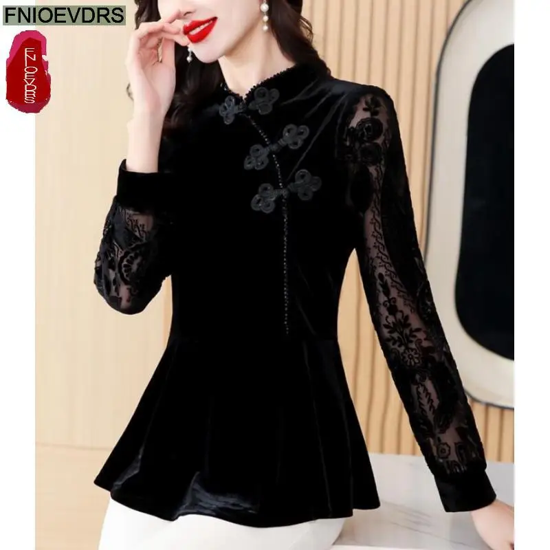 S-3XL Black Velvet Top Women Autumn Winter French Design Elegant Office Lady Work Button Shirt Casual Slim Retro Peplum Blouses