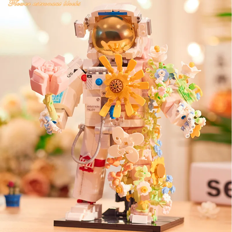 Astronaut Building Blocks Artificial Flower Toy Boy And Girl Birthday Gift Ornaments Small Particles Plastic Flower Decoration