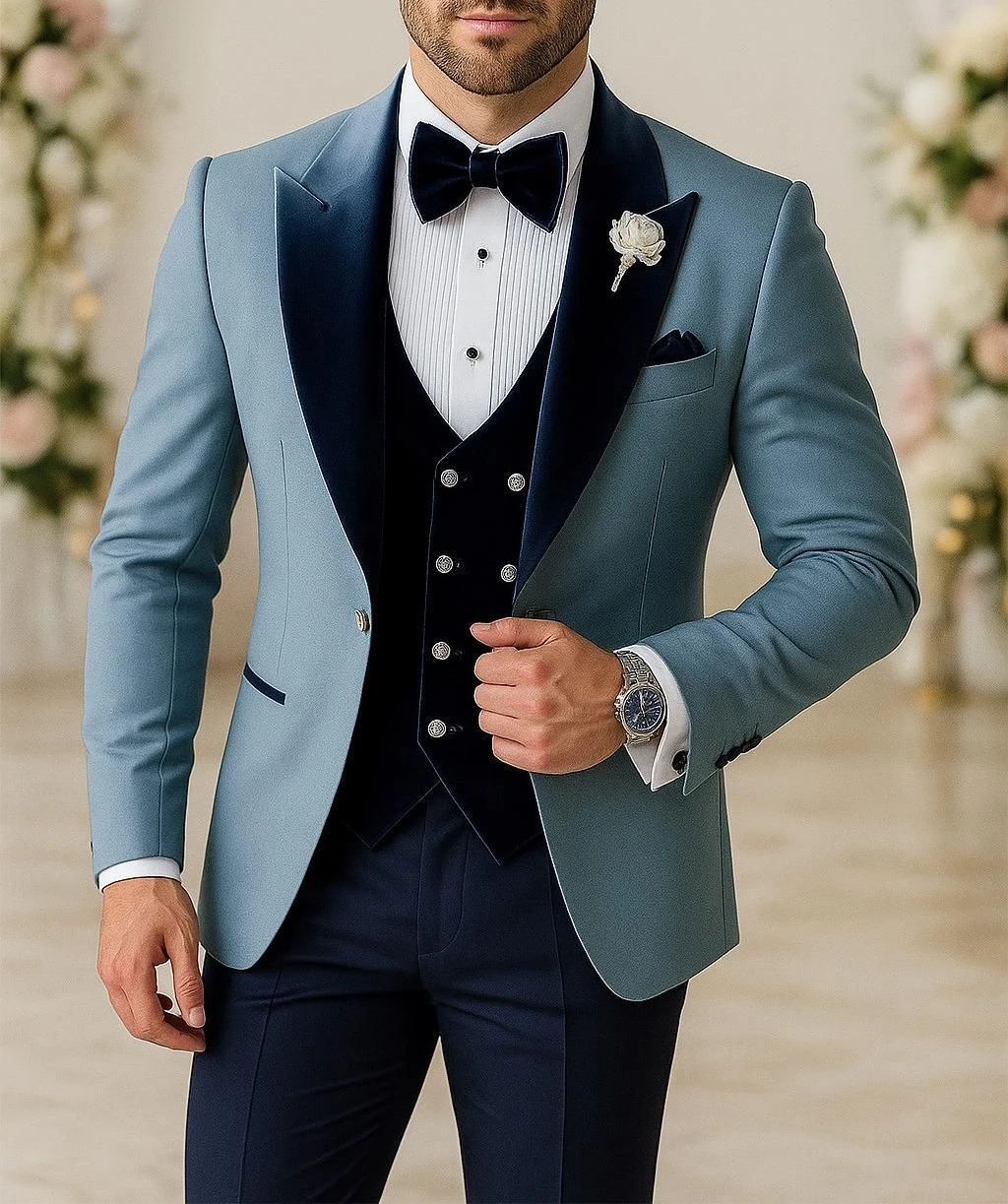 

Luxury Suits For Mens Sky Blue Wedding Groomsmen 3-Piece Suit Wedding Fashion