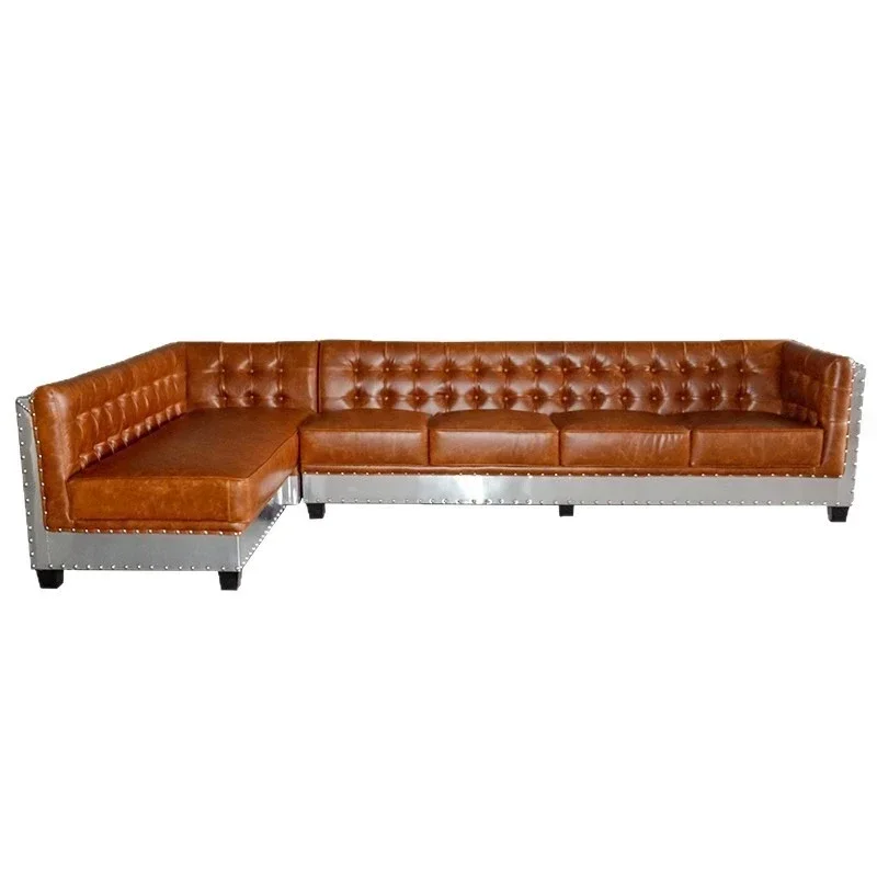 Industrial sandstorm person alized retro L-shaped aluminum leather box card seat model room bar so fa