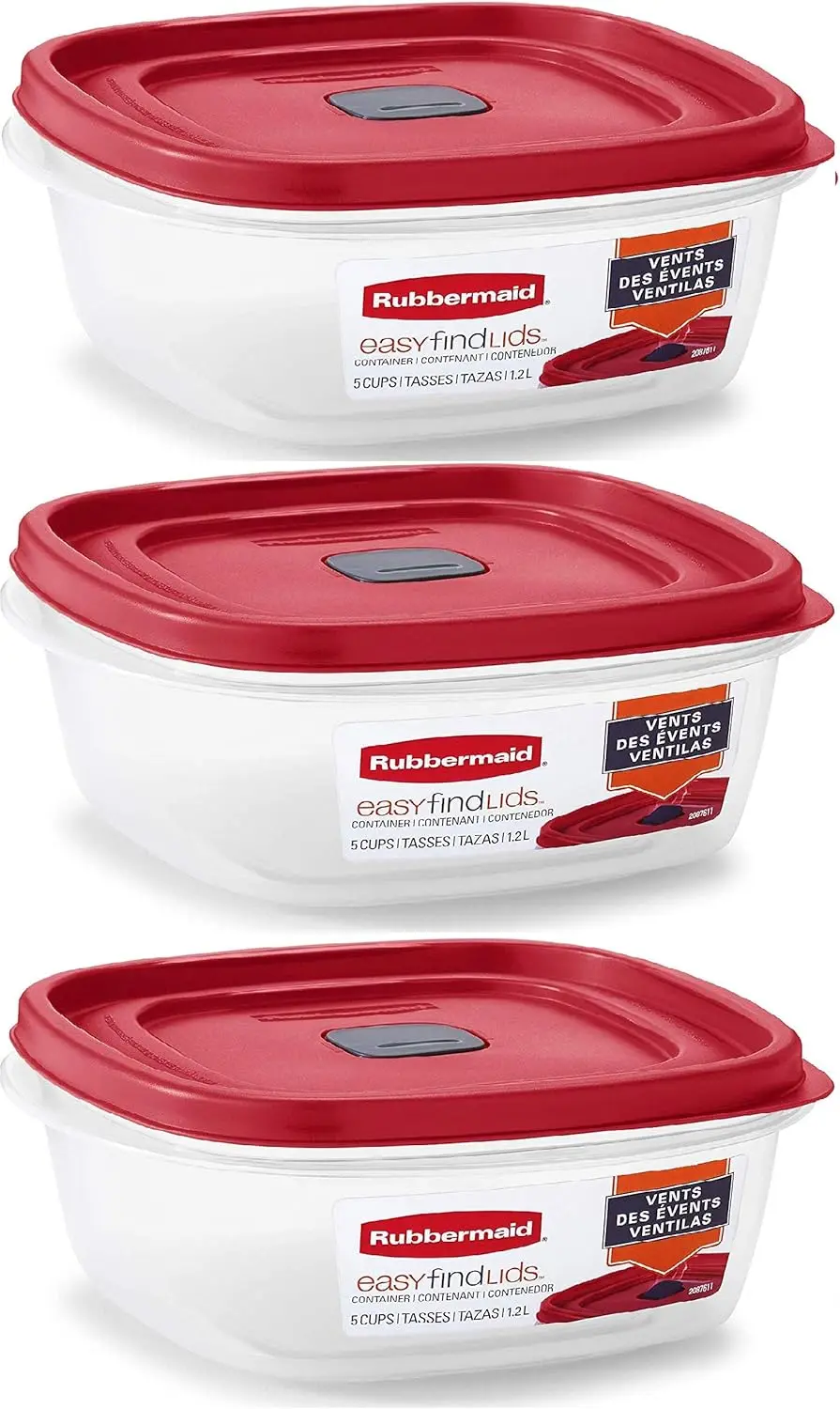 

Red 5-Cup Food Storage Containers with Lids, Pack of 3, Microwave & Dishwasher Safe