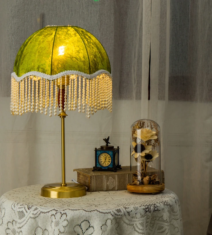 Vintage Copper Base and Fringed Shade Velvet Lampshade for Table