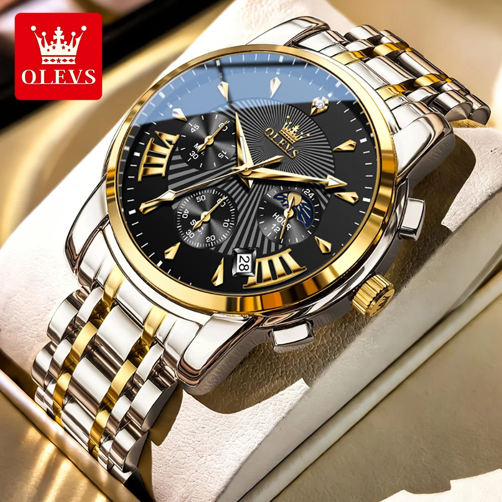 

OLEVS Brand 2026 New Luxury Quartz Watch for Men Waterpoof Luminous Chronograph Men's Wristwatch Calendar Moon Phase Man Watch