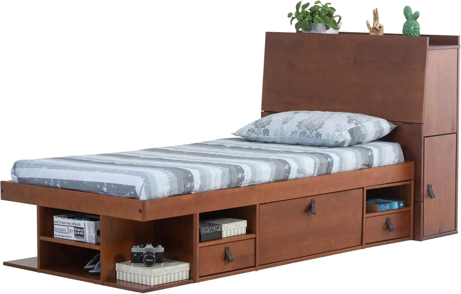 memomad Bali Storage Set: Storage Platform Bed with Drawers + Storage Headboard (Twin Size, Caramel Brown Wood)