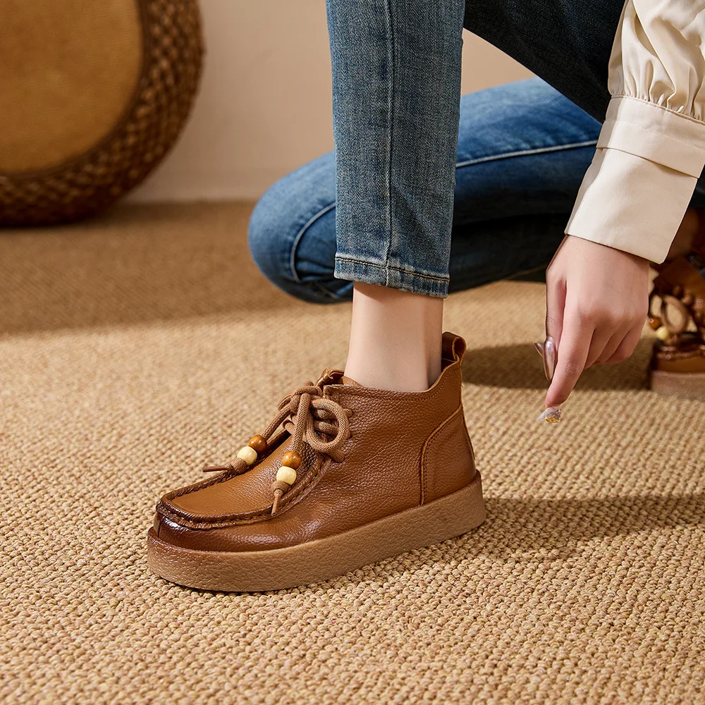 Neue Echtleder-Schnürstiefeletten für Damen, Klassische Perlen-Bootsschuhe, Damen-Reißverschluss-Stiefeletten, Weiche Casual-Booties, Bequeme Urlaubsstiefel – Detail 9