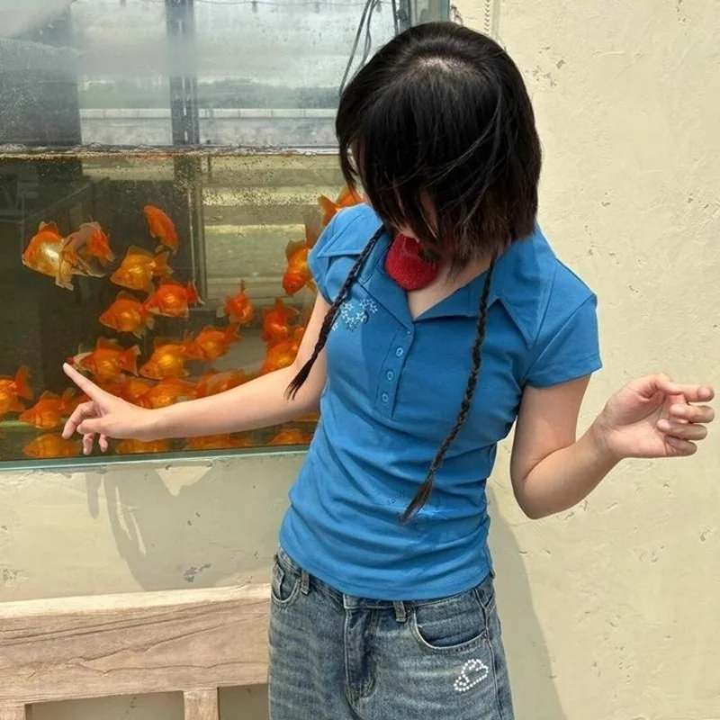 اليابانية كلية نمط الأزرق قميص بولو بأكمام قصيرة تي شيرت Y2K المرأة الرجعية عادية التنقل ثقافة فرعية المرأة #2