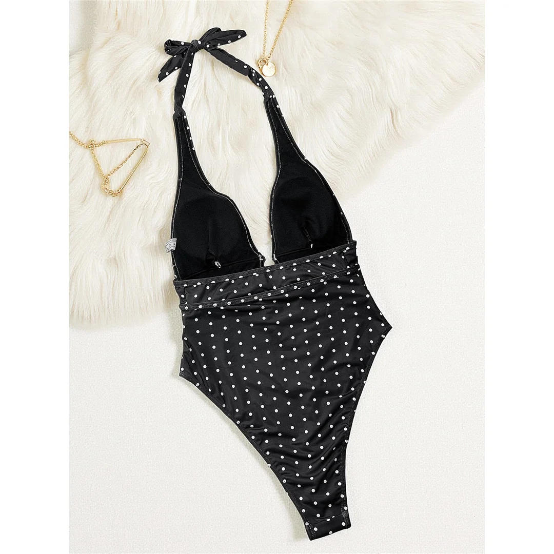 Polka Dots Neckholder-Badeanzug mit tiefem V-Ausschnitt, einteiliger Badeanzug für Damen, rückenfreier Monokini mit Polsterung, Badebekleidung, Badeanzug, Modell V7729. – Detail 4