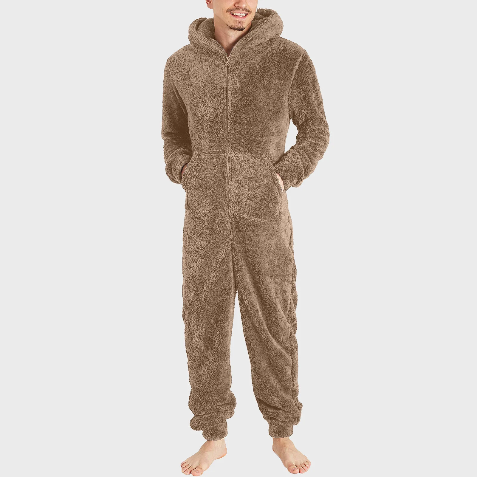 New 2025 European and American Men's Onesies with Zipper Warm Fleece Hooded Jumpsuit