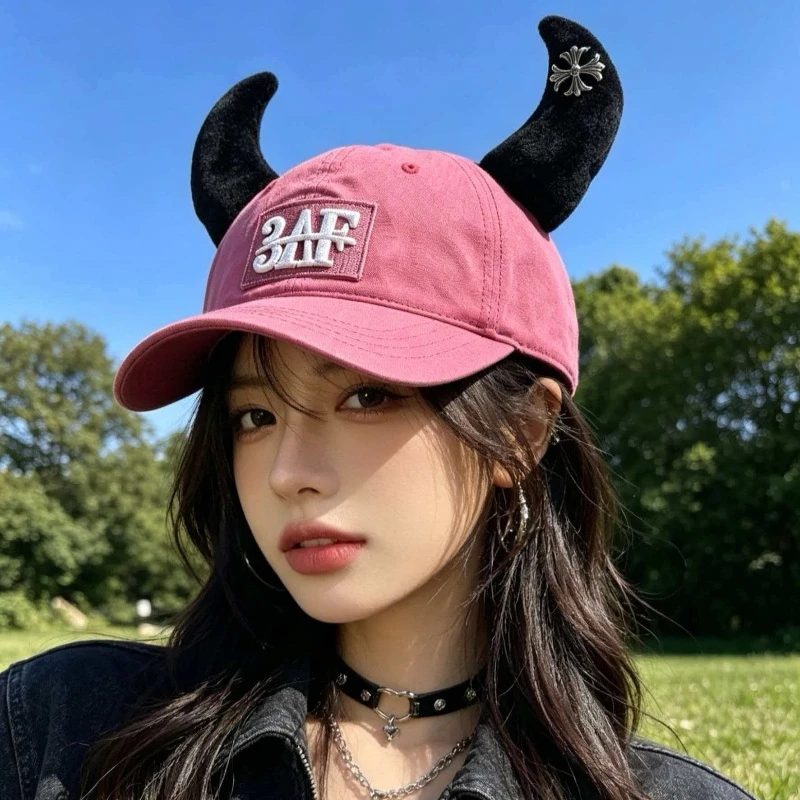 bone-de-algodao-lavado-com-chifres-de-diabo-e-cruz-gotica-de-metal-estilo-y2k-streetwear-ajustavel-para-mulheres-e-meninas