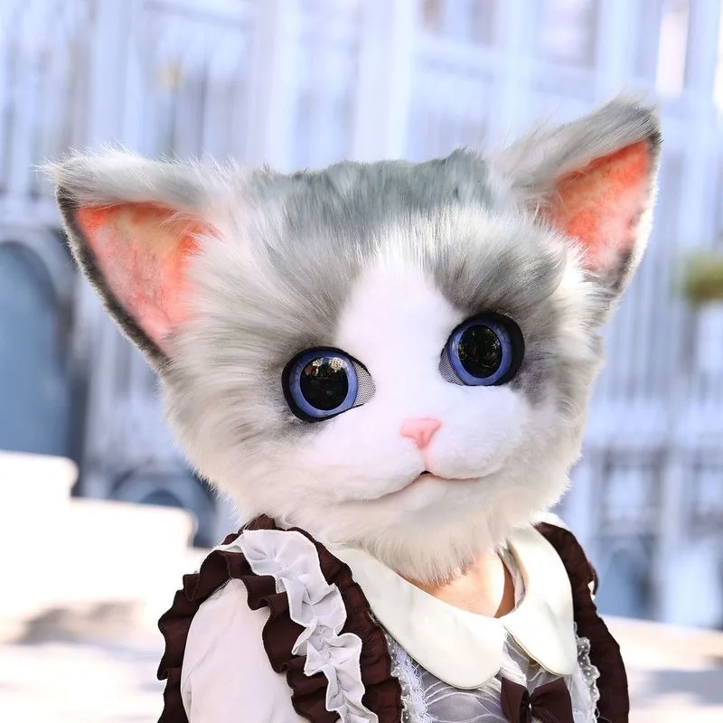 Furry Cat Mask Kigurumi Cosplay Cute Kawaii Animals Fursuit Head Women Men Halloween Party Kig Roleplay Outfits Handmade