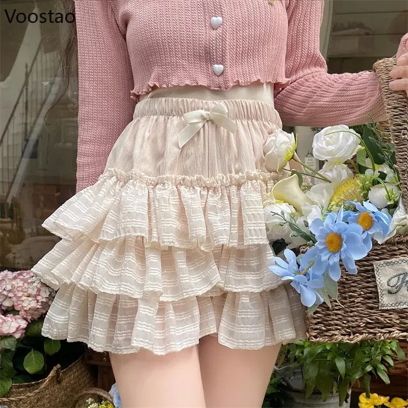 Japanese Kawaii Lolita Mini Skirt Women Summer Cute High Waist Bow Ruffles Tiered Skirts Girly Korean Fashion Princess Skirts XC